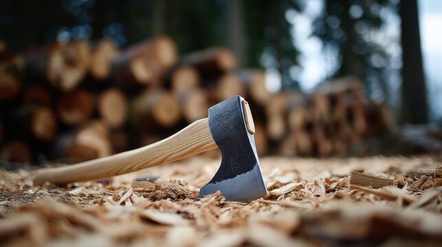 Sharp axe resting on rustic wood chips surrounded by chopped logs