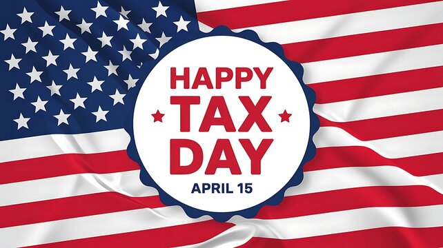 Happy tax day april 15 greeting with american flag background and patriotic design elements for finance and business concepts.