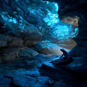 Enchanted amphibian shines within grotto pool surrounded by stalactites high resolution picture