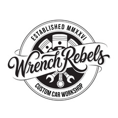 Obraz premium Vintage hand drawn logo design for custom car workshop