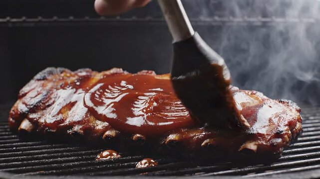 Pork Ribs Being Brushed with BQ Sauce on a Grill barbecue 4K Video