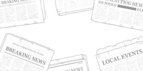 Obraz premium Overlapping distressed vintage newspaper pages with bold headlines and scattered ink splatters textured