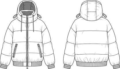 Blank hooded puffer jacket technical sketch vector illustration with front and back views isolated on white background for winter apparel fashion design and manufacturing. © Arman