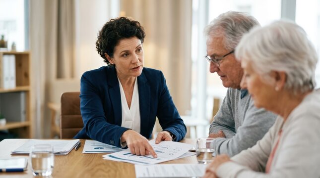 Agent presents customized health coverage plans to a retiree duo middleaged advisor keenly points to documents on table elderly clients faces softly out of focus.