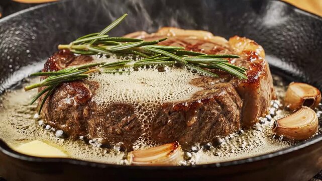 Ribeye steak cooking in butter with rosemary and garlic 4K Video