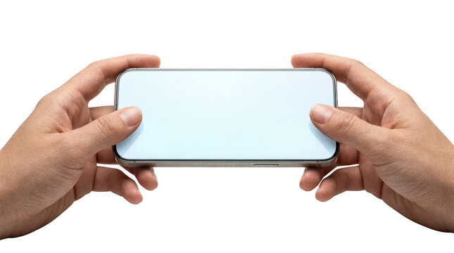 Two hands hold a silver mobile phone in landscape mode isolated transparent background image