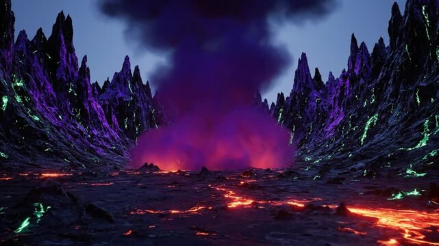Eruption occurs in a volcanic landscape with lava flows and glowing rocks on a dark mountain range under a cloudy sky.