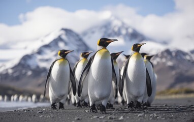 Fototapeta premium Majestic king penguins marching along coastal path with snowy mountains backdrop
