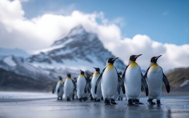Obraz premium King penguins marching gracefully across icy coastal terrain with snowy mountains