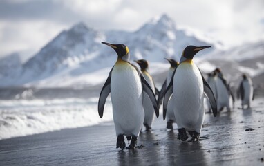 Obraz premium Emperor penguins marching gracefully along icy coastal shore with snow-capped peaks