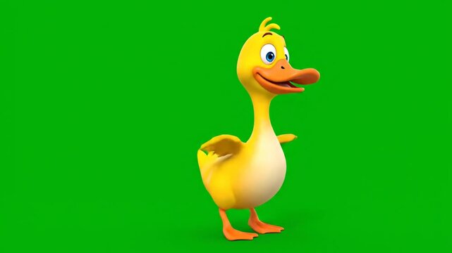 Adorable Yellow Baby Duckling Character, Doing a Happy Dancing Pose on a green background