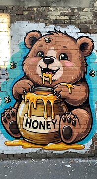 Cute Bear Enjoying Honey from a Pot on a Mural.