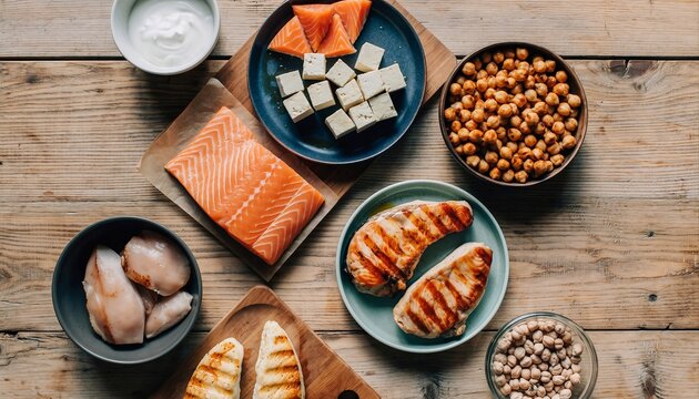 Assortment of Raw and Grilled Protein Sources Including Salmon Chicken Breasts and Tofu Cubes Served with Chickpeas and Yogurt on a Rustic Wooden Table Top Down View