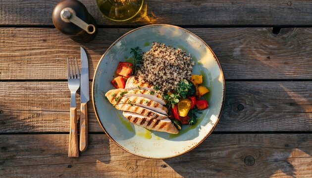Healthy Grilled Chicken Breast with Quinoa and Colorful Vegetables Served on a Rustic Wooden Table Outdoor Setting with Natural Sunlight