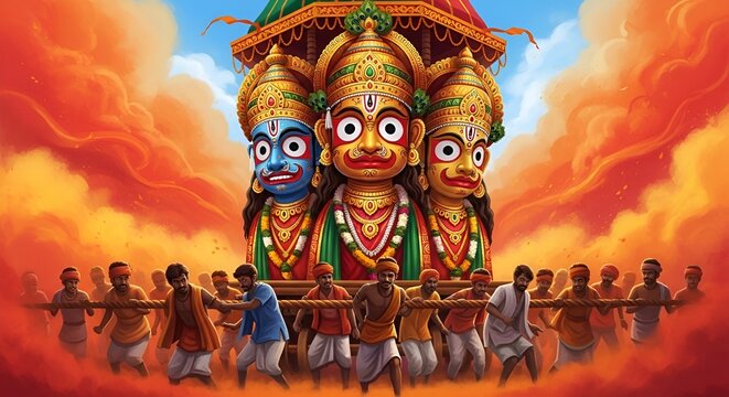 Rathyatra car festival in Puri, Orissa, India.Indian festival Rath Yatra means Chariot Festival. with text subh rath yatra means happy rath yatra, peoples are celebrating the