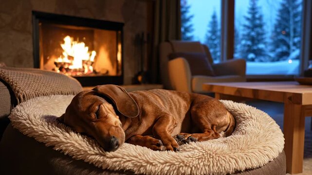 This captures a serene moment of two dachshunds resting on a dog bed in a cozy living room with a warm fireplace and a beautiful winter landscape visible through the window.
