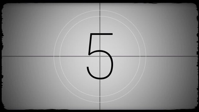 3D rendering of a monochrome old and grained universal countdown leader from 10 to 0. Old retro wipe rolling effect. Old film movie timer count in grey retro style.