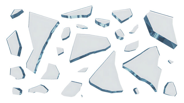 Shattered glass fragments on a black background with sharp edges