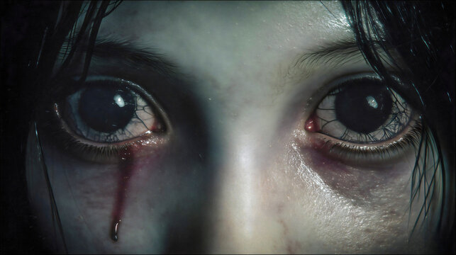 Terrifying pale woman with pitch-black eyes crying a tear of blood, cinematic supernatural horror and possessed entity concept.