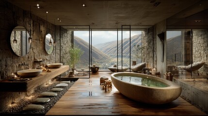 Fototapeta premium Geothermal hot springs resort, spa, bath pool, relaxation vacation theme. A luxurious bathroom with a large tub filled with water, two sinks with taps, mirrors on the wall, candles.