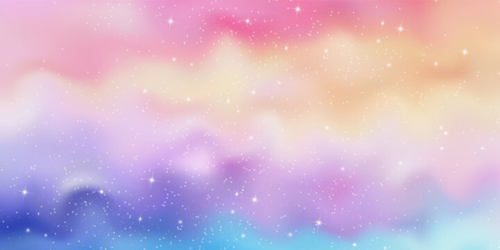 Unicorn magical bokeh background with pastel rainbow gradient and sparkling stars for fantasy design. Soft pink, purple and blue colors with glowing light effects. Dreamy fairy tale atmosphere.
