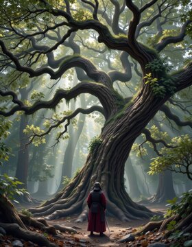 Stoic Samurai Warrior Beneath a Majestic, Ancient Cedar Tree in a Serene, Sun-Drenched Mystical Forest, Evoking Wisdom and Solitude