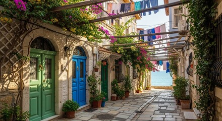 Fototapeta premium A beautiful narrow street decorated with a wooden pergola, lush green vines, and pink flowers. Colorful green and blue doors lead to a view of the ocean at the end of the path.