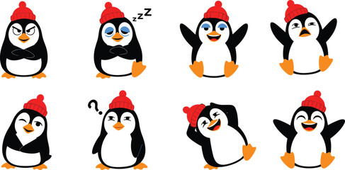 Obraz premium Cute penguin emotions set flat vector illustration cartoon bird characters showing happy sad sleepy confused and playful expressions collection