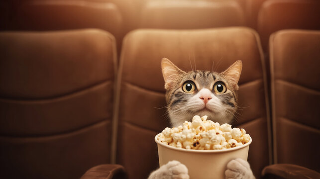 Cat holding popcorn while sitting in a movie theater  