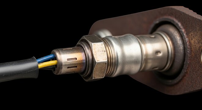 A close-up view of an oxygen sensor connector with wires on a transparent background