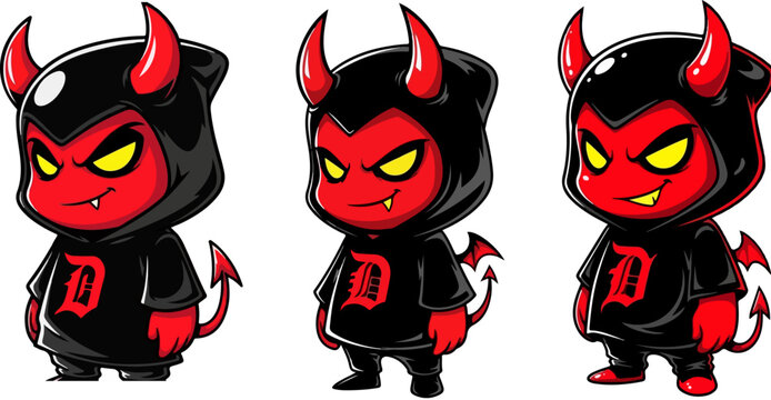 Cartoon devil mascot characters with red horns, set of 3 evil demon vector illustrations wearing black hoodies, cute satanic imp figures for gaming logos