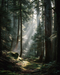 Obraz premium Sun rays streaming through a dense forest with tall trees and mossy ground creating a mystical natural atmosphere perfect for nature backgrounds environmental themes and outdoor inspiration 