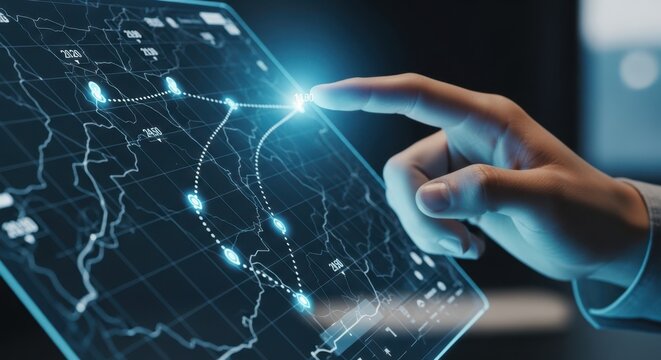 Close up of a hand navigating a virtual drone flight path with waypoints and altitude markers