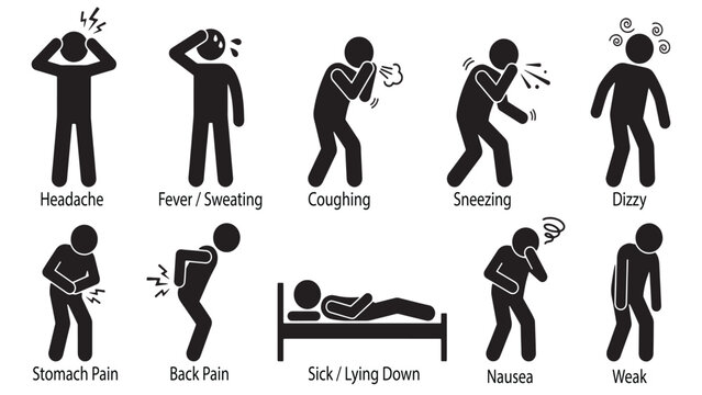 Sick person icons set with various symptoms like headache, stomach pain, coughing, and fever in solid black stickman style.