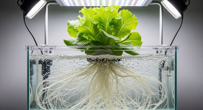 A healthy head of green lettuce growing in a glass water tank, showing an extensive, healthy white root system submerged in aerated water under professional LED panels.