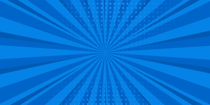 Pop art comic blue background with halftone, rays, gradient. Vector cartoon illustration in retro style. Design for comic book, poster, banner