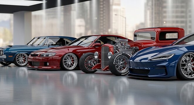 A stunning lineup of four diverse custom cars, including classic muscle, modern sports sedans, and a hot rod, parked in a sleek indoor setting.