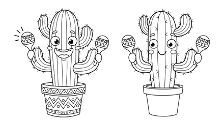 Ingelijste posters Een lijn Two cartoon cacti with smiling faces in pots one with a more cheerful expression  © Anwar