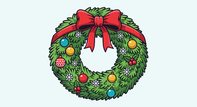 Festive green wreath adorned with a red bow, ornaments, and snowflakes
