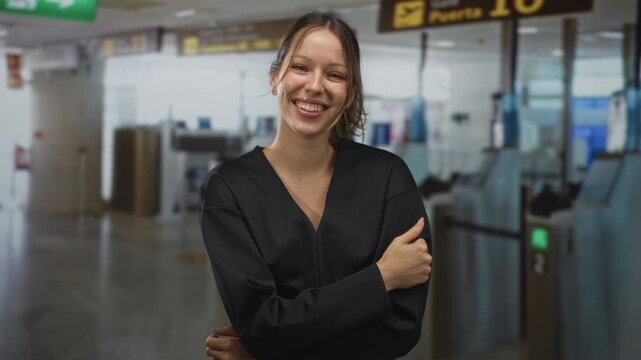Woman smiling and giving thumbs up in busy airport terminal near self checkin kiosks and gate signage; confidence approval.