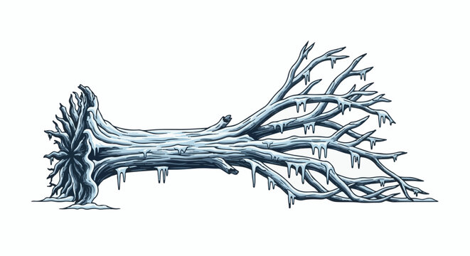 Fallen icy tree trunk with snow-covered roots and brittle branches