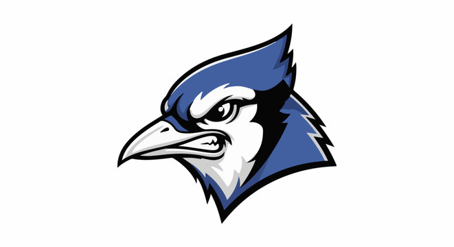 Fierce blue jay mascot head with sharp beak and aggressive expression