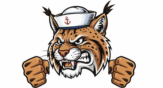 Fierce bobcat in sailor hat with clenched paws, aggressive expression, and spots