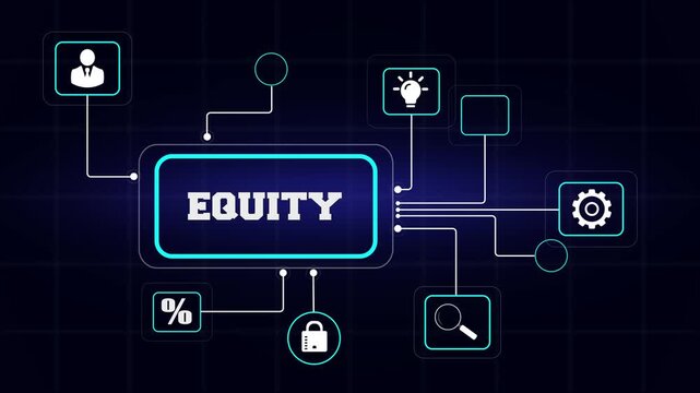 Concept of business equity and shareholder value displayed on a futuristic digital interface with connected icons for ownership, assets and growth