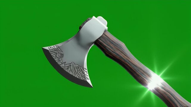 A polished metal axe head with ornate carvings on a wooden handle