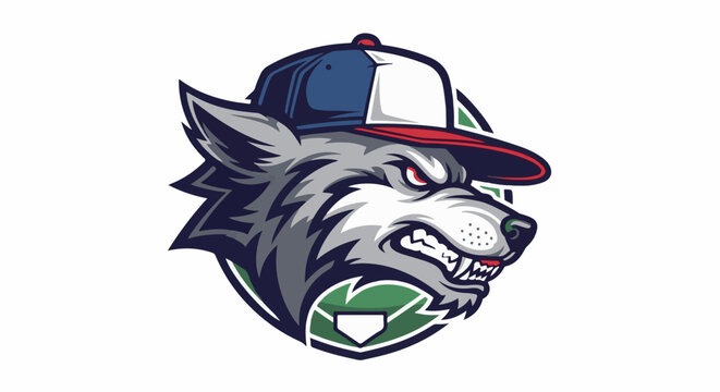 Fierce wolf head logo wearing a baseball cap, aggressive expression