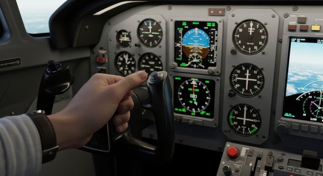Close up of a hand navigating a virtual flight simulator cockpit with gauges and dials