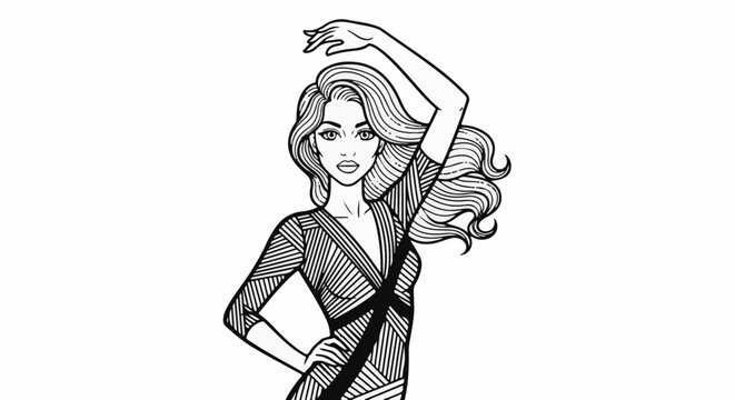 Elegant woman with long wavy hair in a stylized, patterned dress