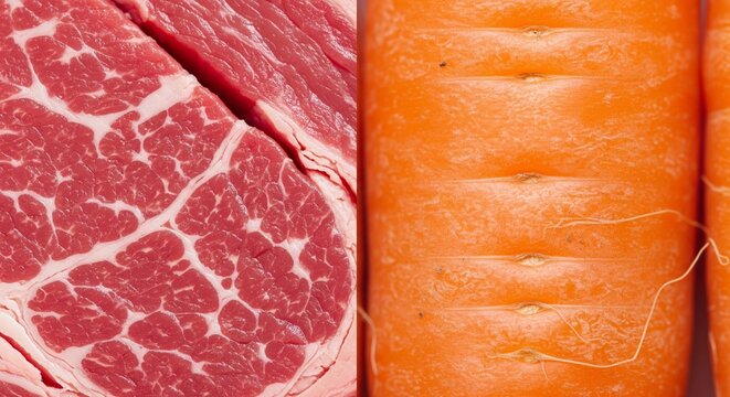 A split-screen close-up comparison between a highly marbled raw ribeye steak and the textured surface of a fresh orange carrot.