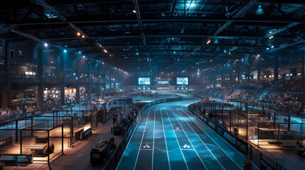 Obraz premium Hyrox, High intensity functional fitness race inside modern arena. World Series of Fitness Racing.